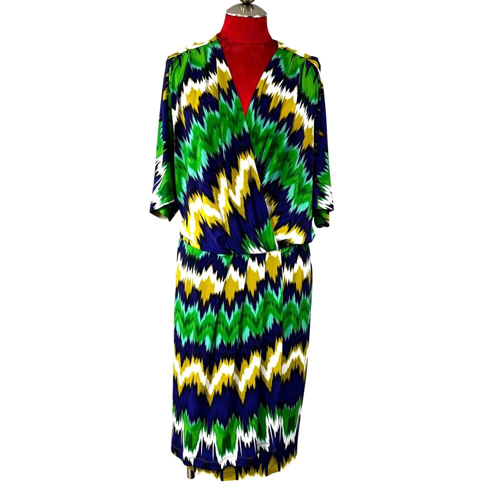 Calvin Klein dress ladies plus size 16W green blue gold zigzag dolman blouson